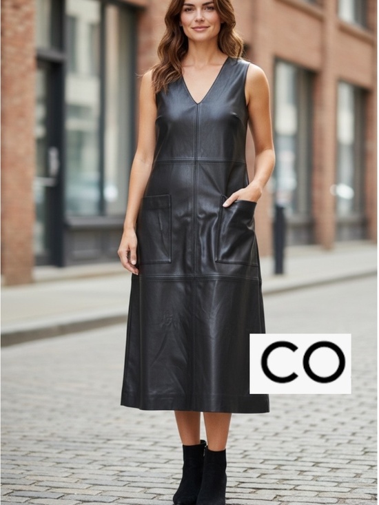 CO Dresses & Skirts - NEW CO black leather V neck midi dress, L,  GP1526